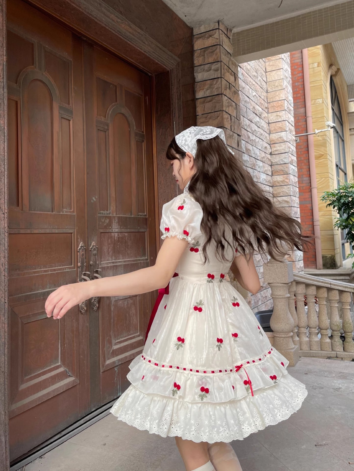 Ruellia Summer Cherry Red Cream Puff Sleeve Dress