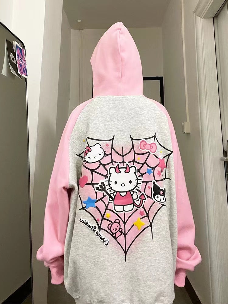 Kitty Cat Spider Web Y2K Pink Black Cartoon Print Sweatshirt Hoodie