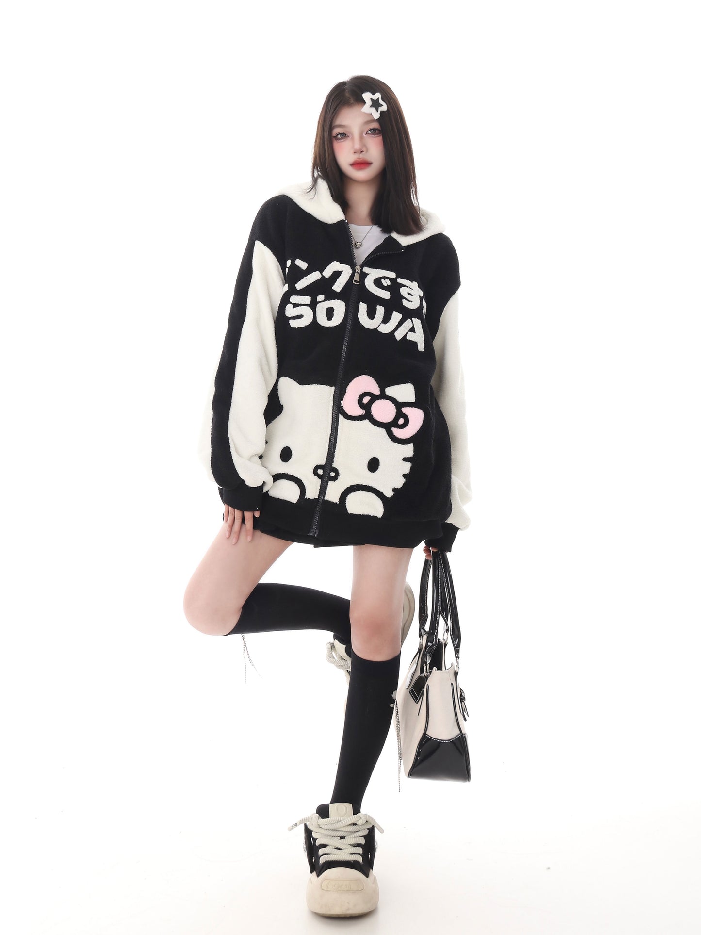 Cute Kitty Cat Pink Black Polar Fleece Y2K Oversize Hoodie Jacket