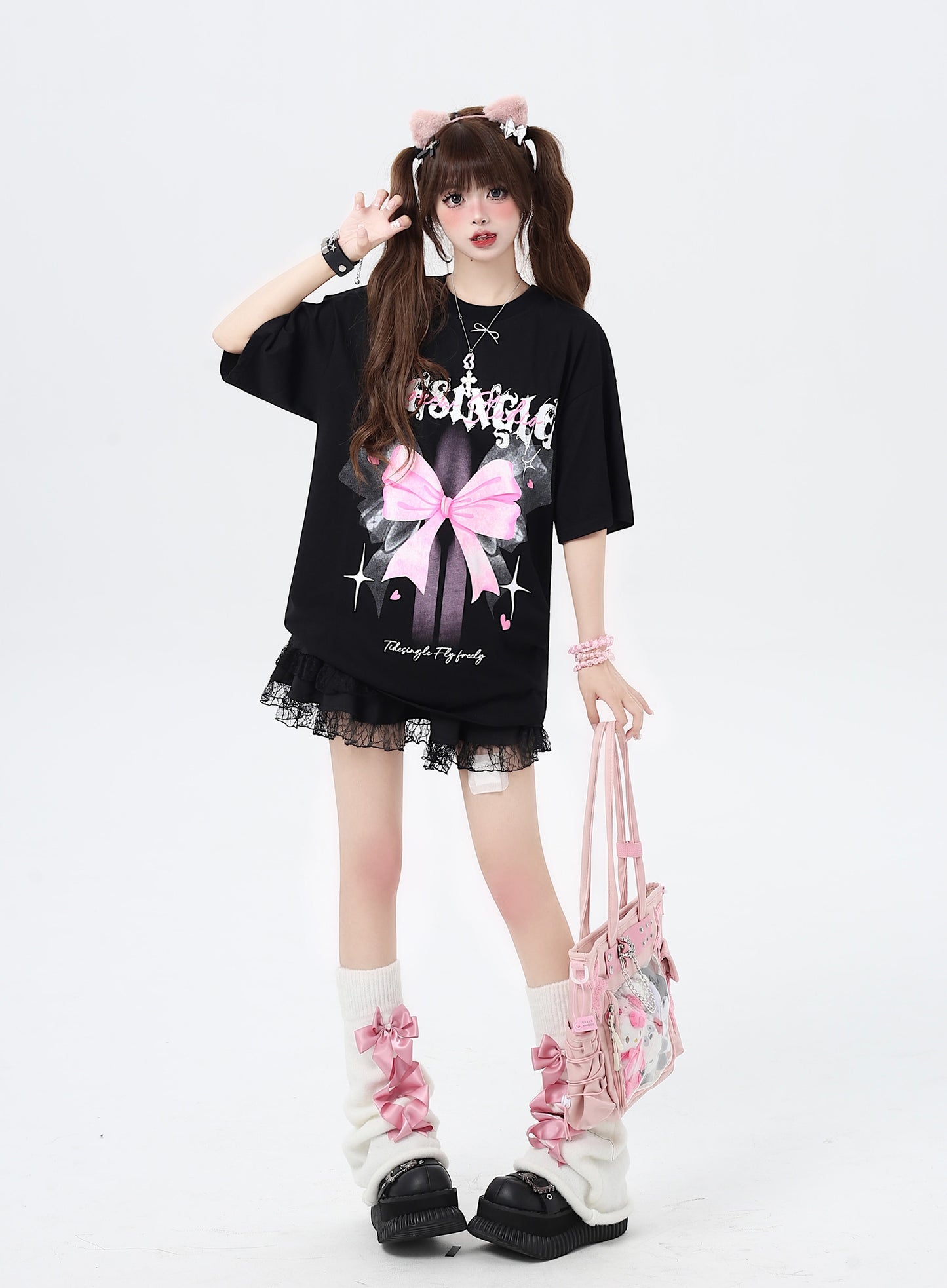 Crazy Girl Tiesingle Bow Black White Oversize T-shirt