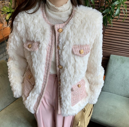 Winter Luxury Elegant Chic Plush White Tweed Pink Jacket