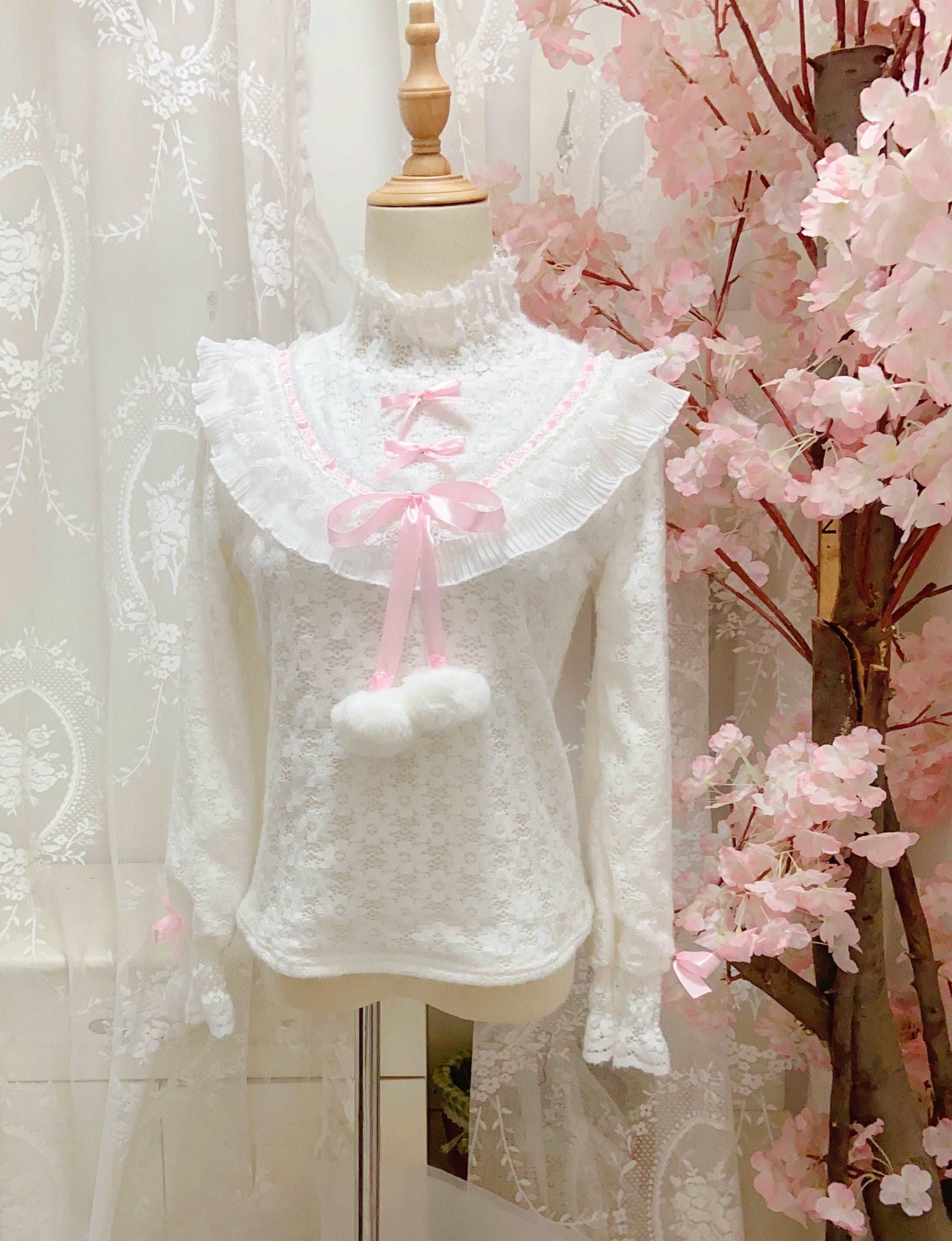 Candy Fairy Winter Turtle Neck White Doll Collar Pink Ruffled Long Sleeve Blouse Shirt