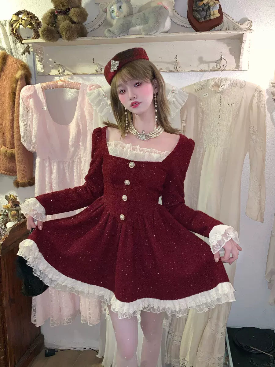 Picnic Girl Fragrant Lace Scarlet Red Long Sleeve Dress