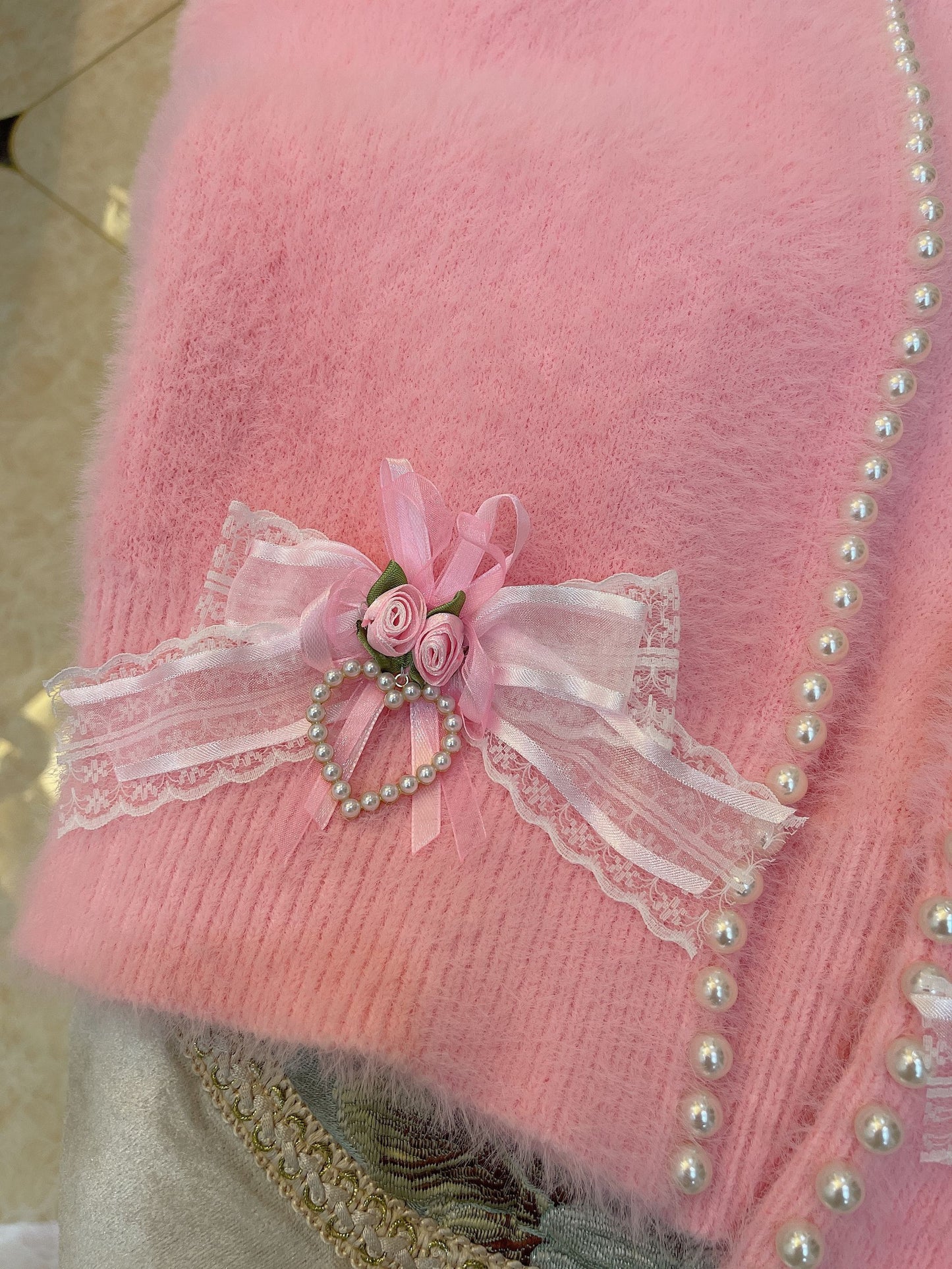 Sweetheart Princess Mohair Plush Pink Rose Lace Knit Sweater Cardigan