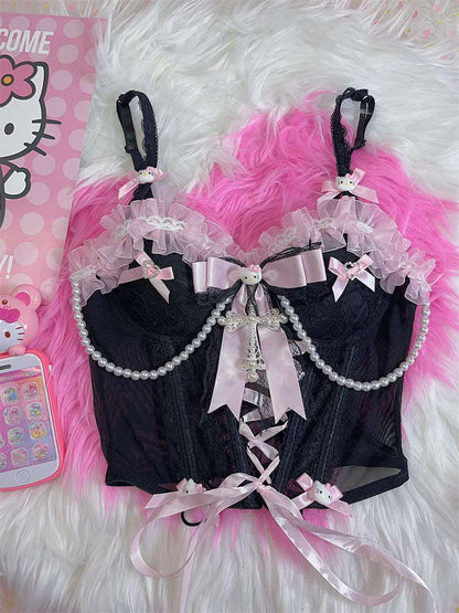 Coquette Sexy Y2K Bow Kitty Lace White Pink Black Camisole Bra Lingerie Skirt