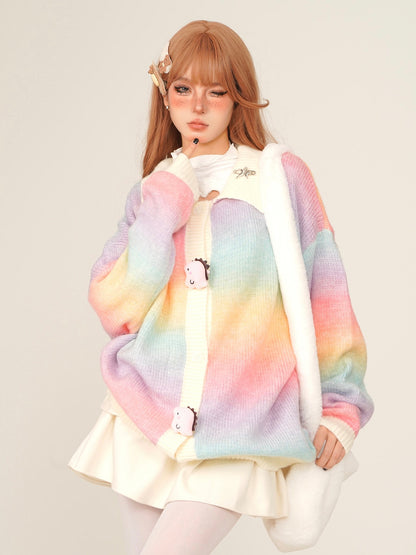 Young Eyes Spring Autumn Dinosaur Polo Neck Rainbow Cardigan Sweater