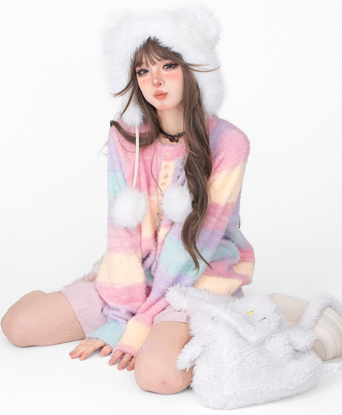 Young Eyes Autumn Winter Rainbow Soft Pastel Colorful Striped Round Neck Sweater