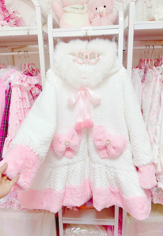 Candy Fairy Winter Velvet Cotton White Pink Thick Hooded Fur Jacket