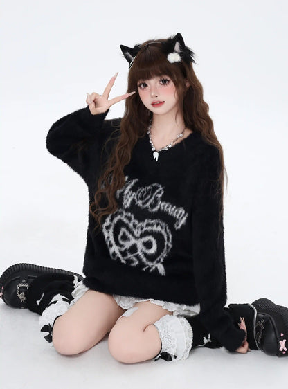 Crazy Girl Sweet Beauty Pink White Black Mohair Sweater