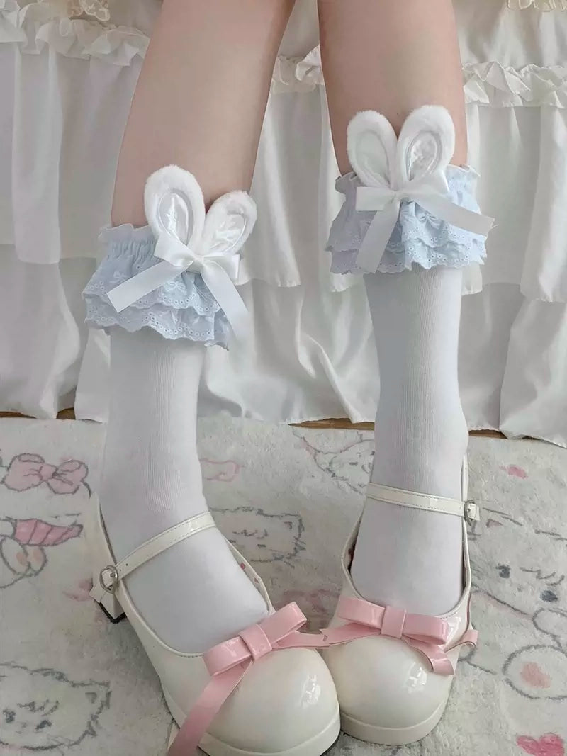 Lolita Cute Summer Rabbit Ears Black White Pink Blue Socks