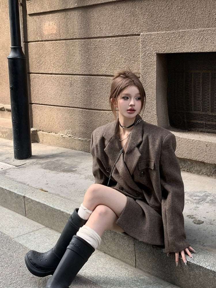 Coffee Brown Chic Autumn Winter Woolen Herringbone Jacket