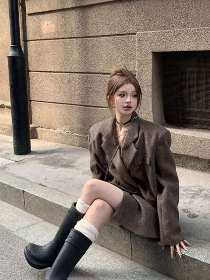 Coffee Brown Chic Autumn Winter Woolen Herringbone Jacket