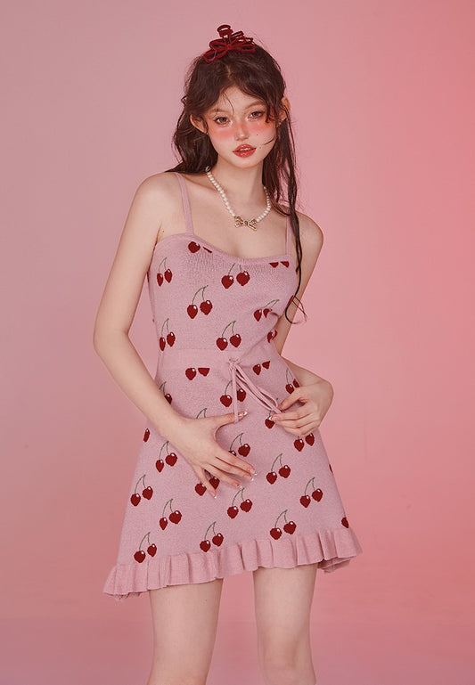 Fancy Girl Cherry Pie Pink Summer Knit Strap Dress