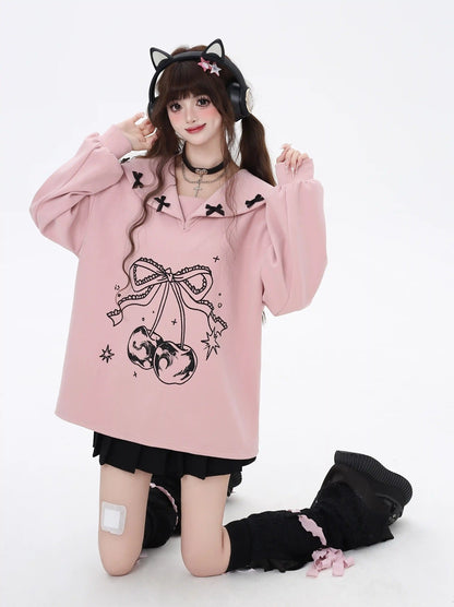 Crazy Girl Dream Ballet Cherry Pink Black Sailor Collar Sweater