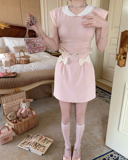 Creamy Sweet Showa Girl Pink Shirt Top & Bow Mini Skirt Two Piece Set