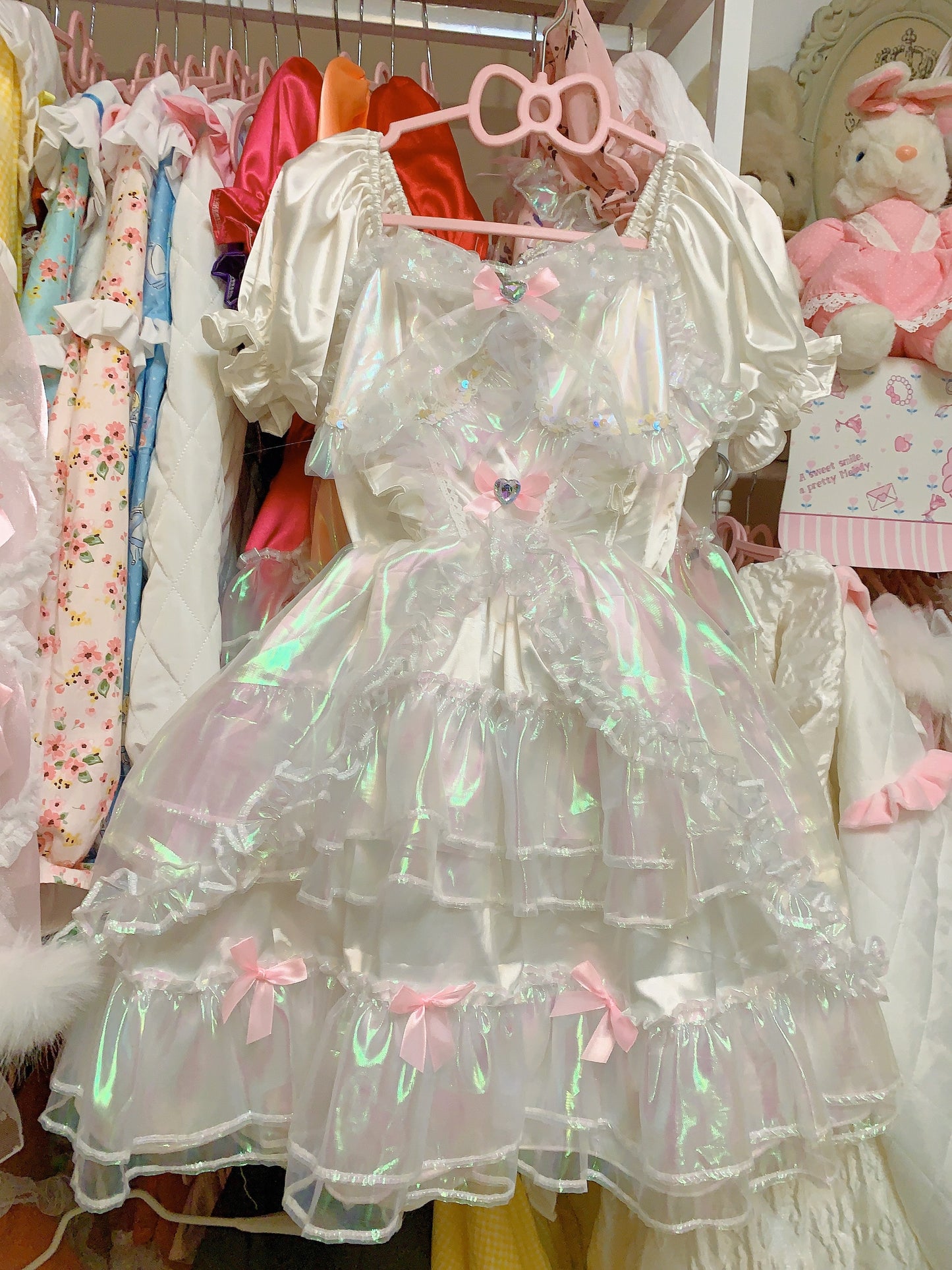 Candy Fairy Run Away Princess Sparkling Ruffled Layered Puff Sleeve White Dress