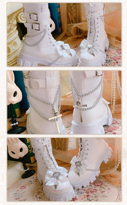 Pinky EGL Princess Bow Cross Silver Chain Winter White Black Boots Shoes