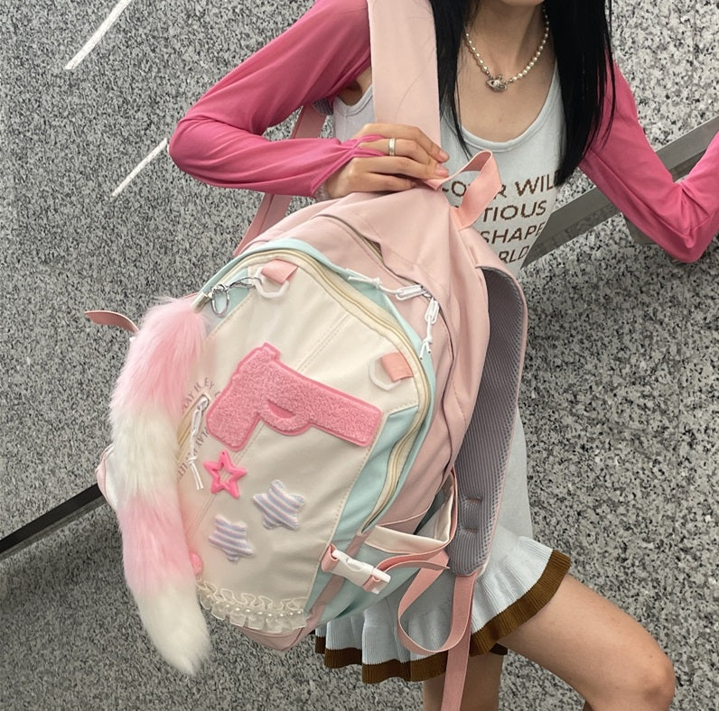 Y2K Pink Pistol Foxtail Large Capacity Student Backpack Bag