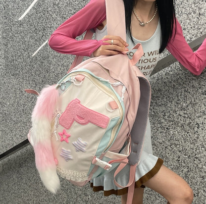 Y2K Pink Pistol Foxtail Large Capacity Student Backpack Bag