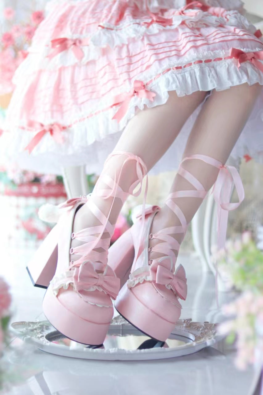 Pocket Cat Lolita Cat Tail Black Pink Blue High Heels Shoes