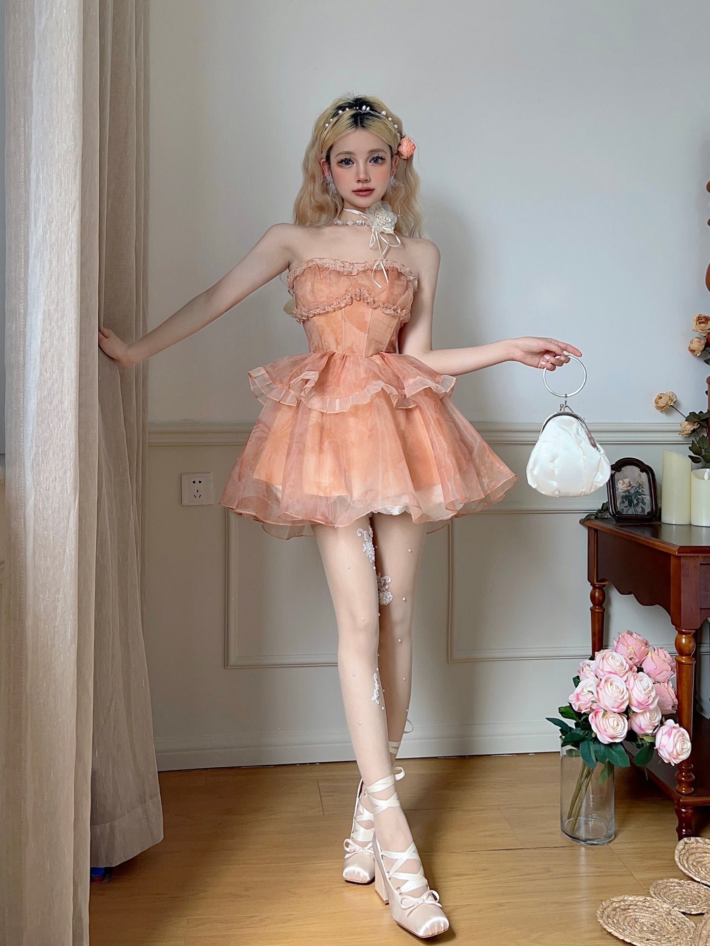 Monet Chiffon Sunset Orange Fairy Princess Summer Strapless Ruffled Dress