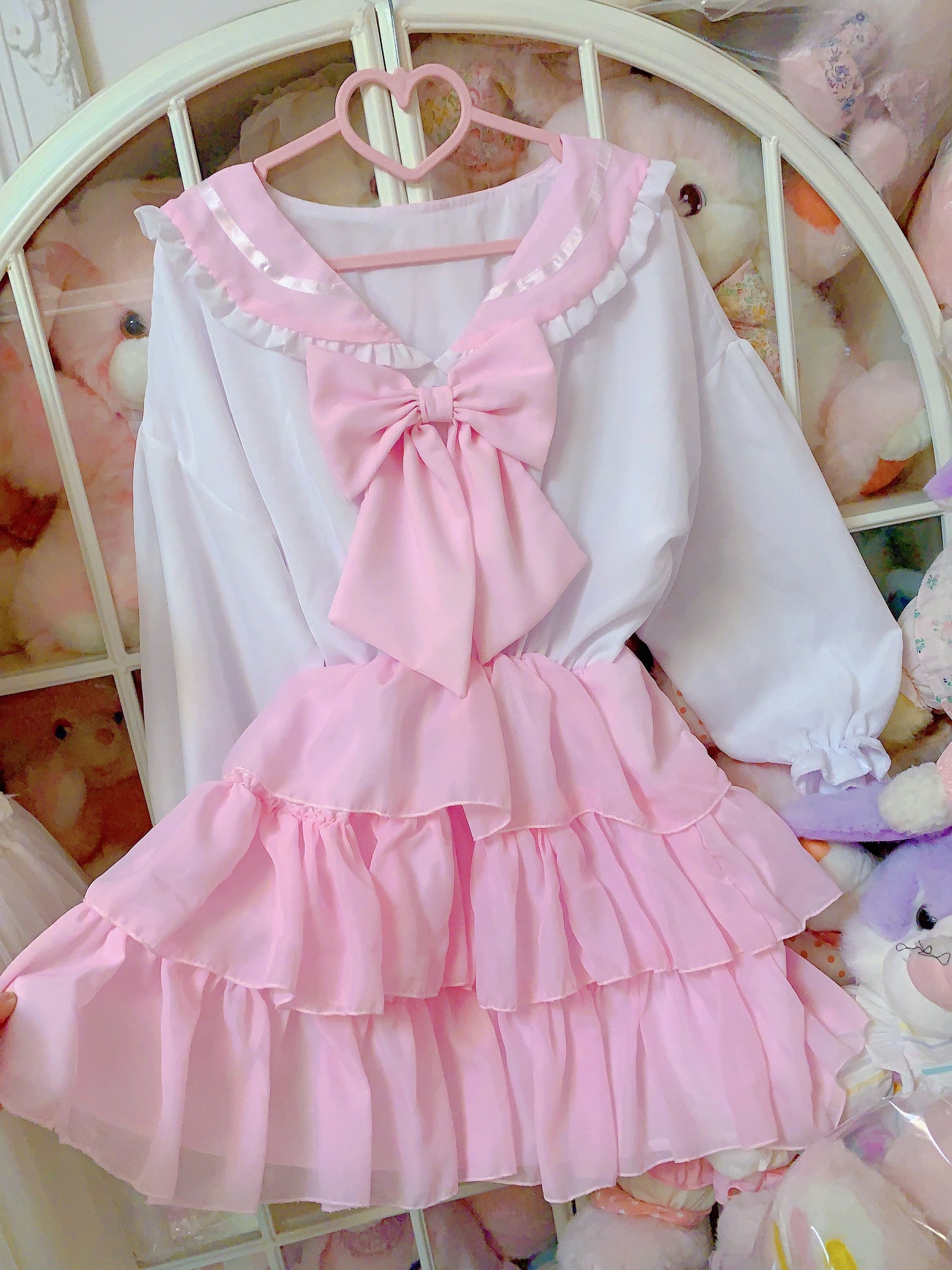 Candy Fairy Cosplay Sailor Collar Bow Sweet Ruffled Pink White Dress