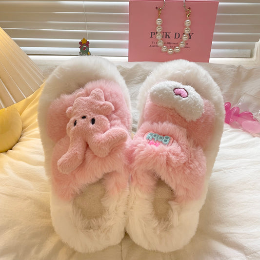 Rabbit Heart Love Decorative Plush Fluff Slippers Shoes