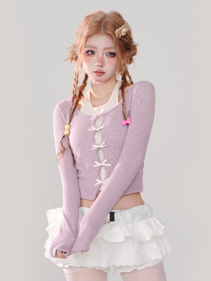 Young Eyes Y2K Bow Black Purple Knit Shirt Top