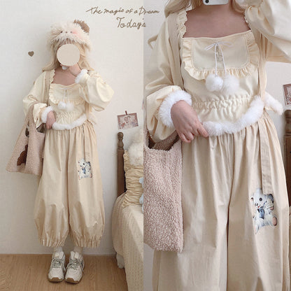 Dormir Doll Winter Rabbit Diary Square Neck Bow Pompom Ball Sweater Top