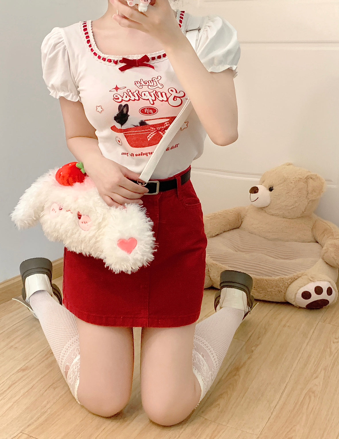 Serendipity Summer Lucky Rabbit Puff Sleeve Shirt & Red Mini Skirt Two Piece Set