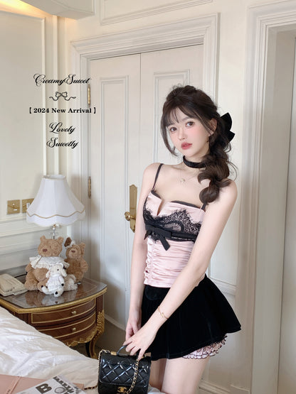 Creamy Sweet Black Pink Lace Camisole & Skirt Two Piece Set