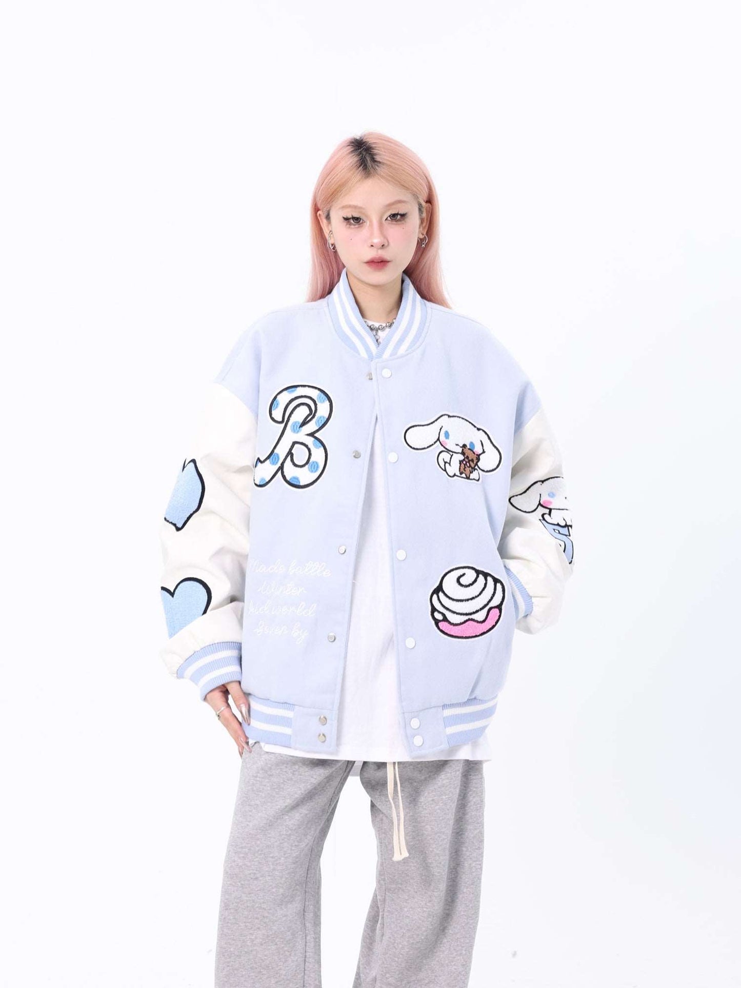 Cartoon Kitty Cat Cinnamon Dog Purple Devil Autumn Y2K Baseball Jacket