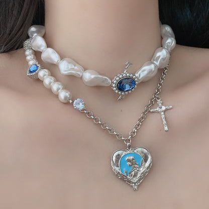 Blue Rhinestone Pearl Silver Heart Necklace Pendant