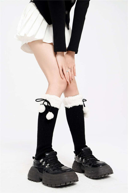 Autumn Winter Velvet Wool Knit Fur Ball Leg Calf Warmers