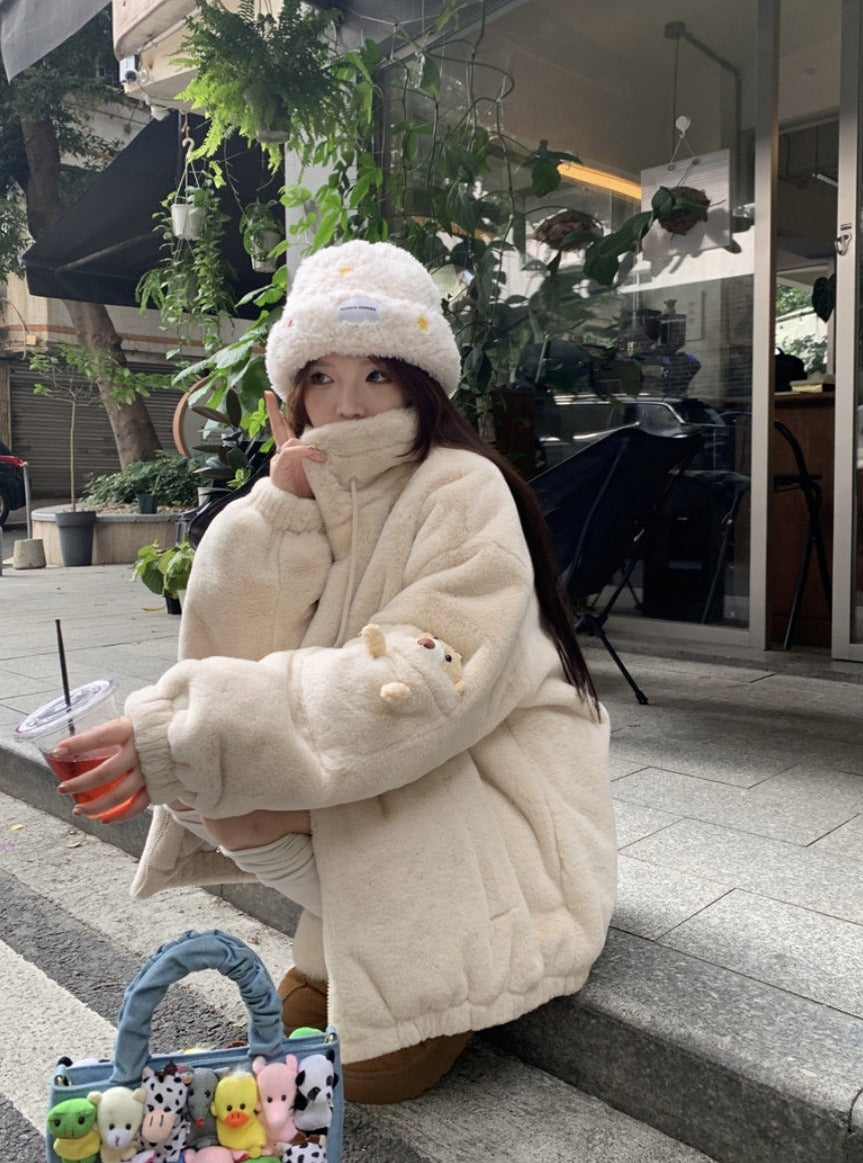 Fall Winter Plush High Collar 3D Bear White Jacket Coat