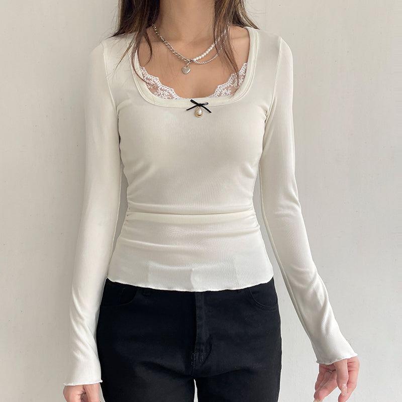 Coquette Mini Bow Lace Square Collar White Top Shirt