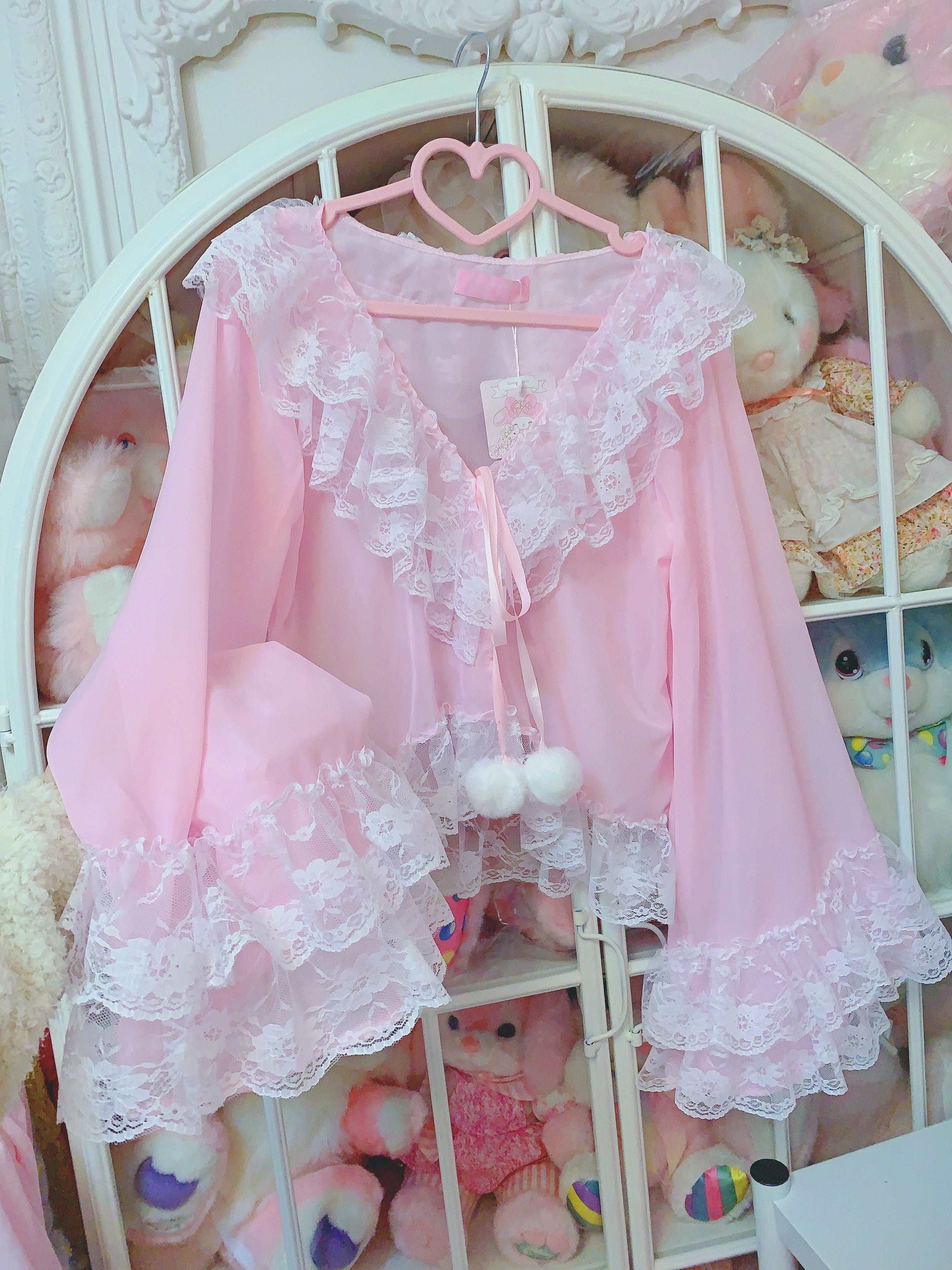 Candy Fairy Sheer See Through Pink Ruffled Trumpet Sleeve Cardigan