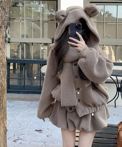 Cute Fall Winter White & Brown Bear Ears Hooded Jacket Skirt Two Piece Set