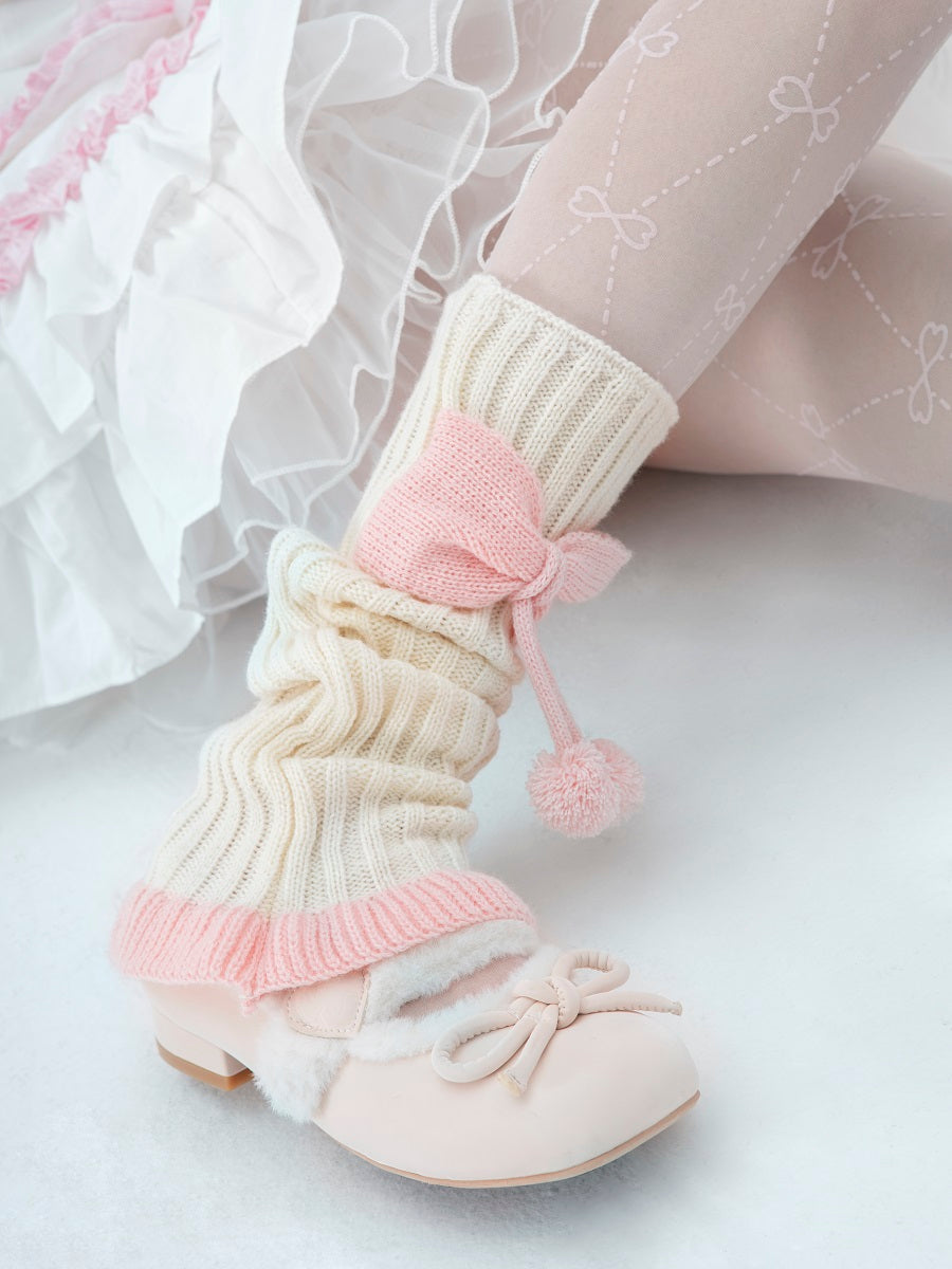 Sweet Lolita Pink Bow Pompom Balls Knit White Leg Warmers