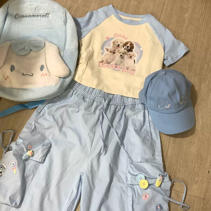 Serendipity Summer Puppy Dog Raglan T Shirt & Blue Gathered Pants Two Piece Set