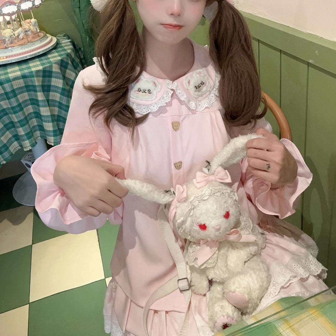 Bear Embroidery Lace Cotton Doll Collar Pink Shirt Blouse