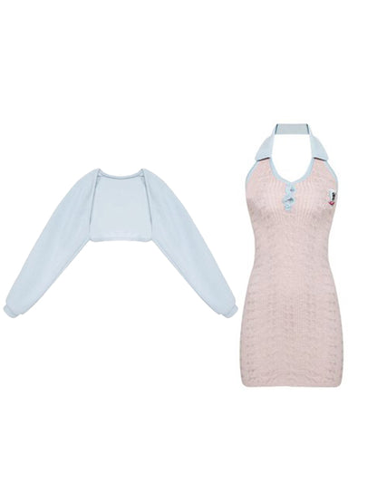 Serendipity Autumn Baby Blue Cardigan & Bear Knit Pink Bodycon Dress Two Piece Set