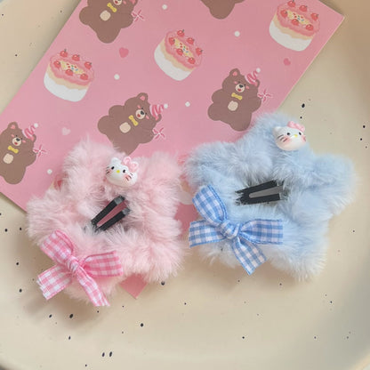 Y2K Star Plush Plaid Blue Pink Kitty Cat Hair Clip Hair Accessories