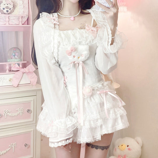 Candy Fairy Angel Kitty Camisole Top & White Cardigan & Ruffle Skirt Three Piece Set