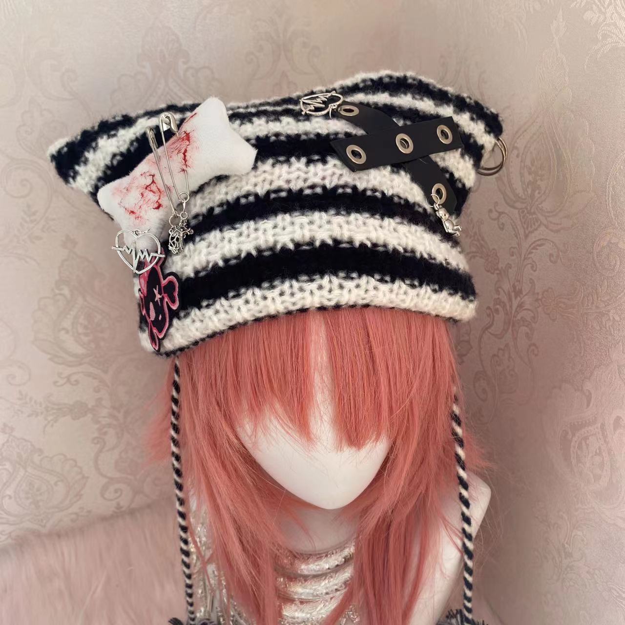 Y2K Handmade Knit Cross Skull Striped Cute Winter Hats Beanie