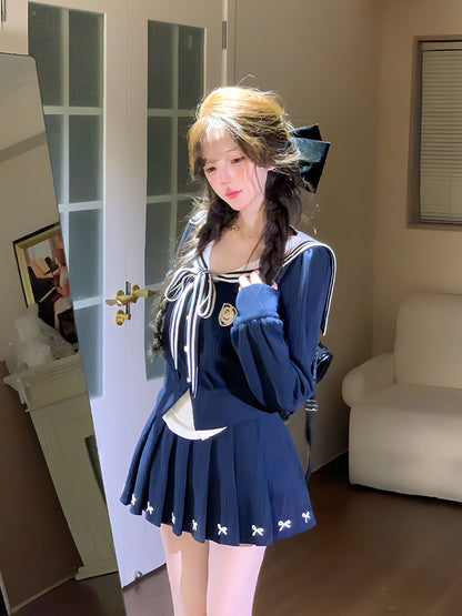 Creamy Sweet Manhwa Navy Blue Sailor Collar Sweater & Skirt Two Piece Set