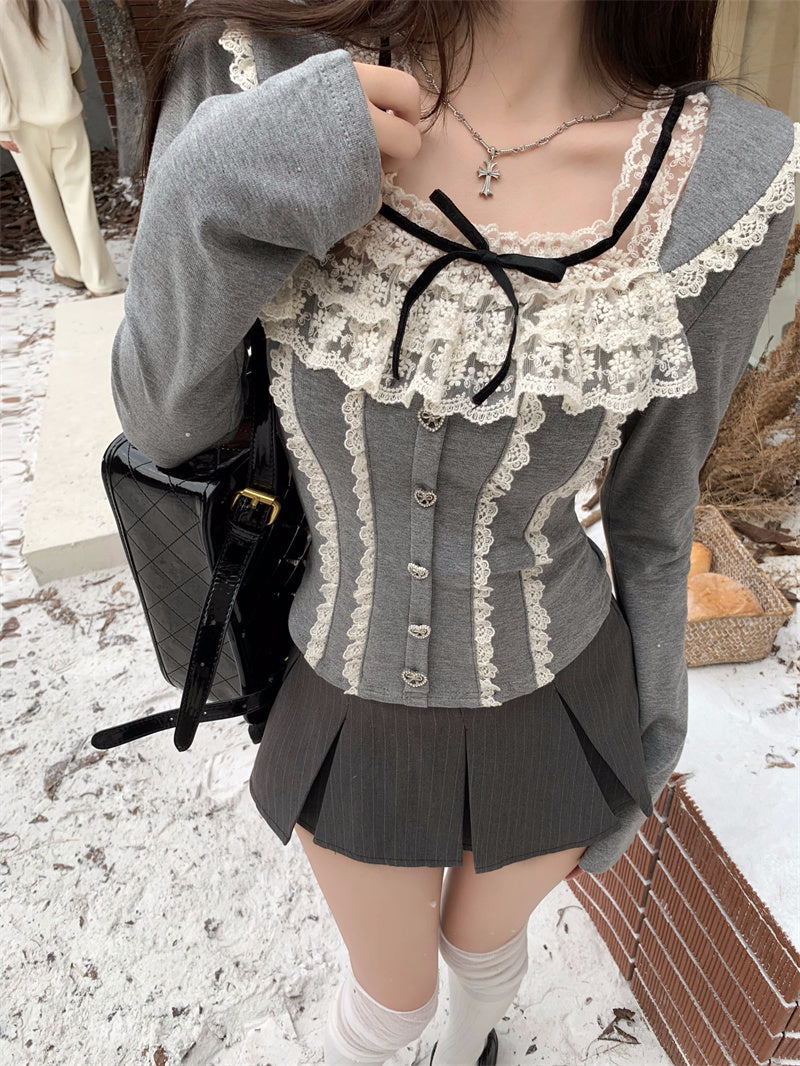 Young Eyes Coquette Square Collar Lace Black Gray White Shirt Top