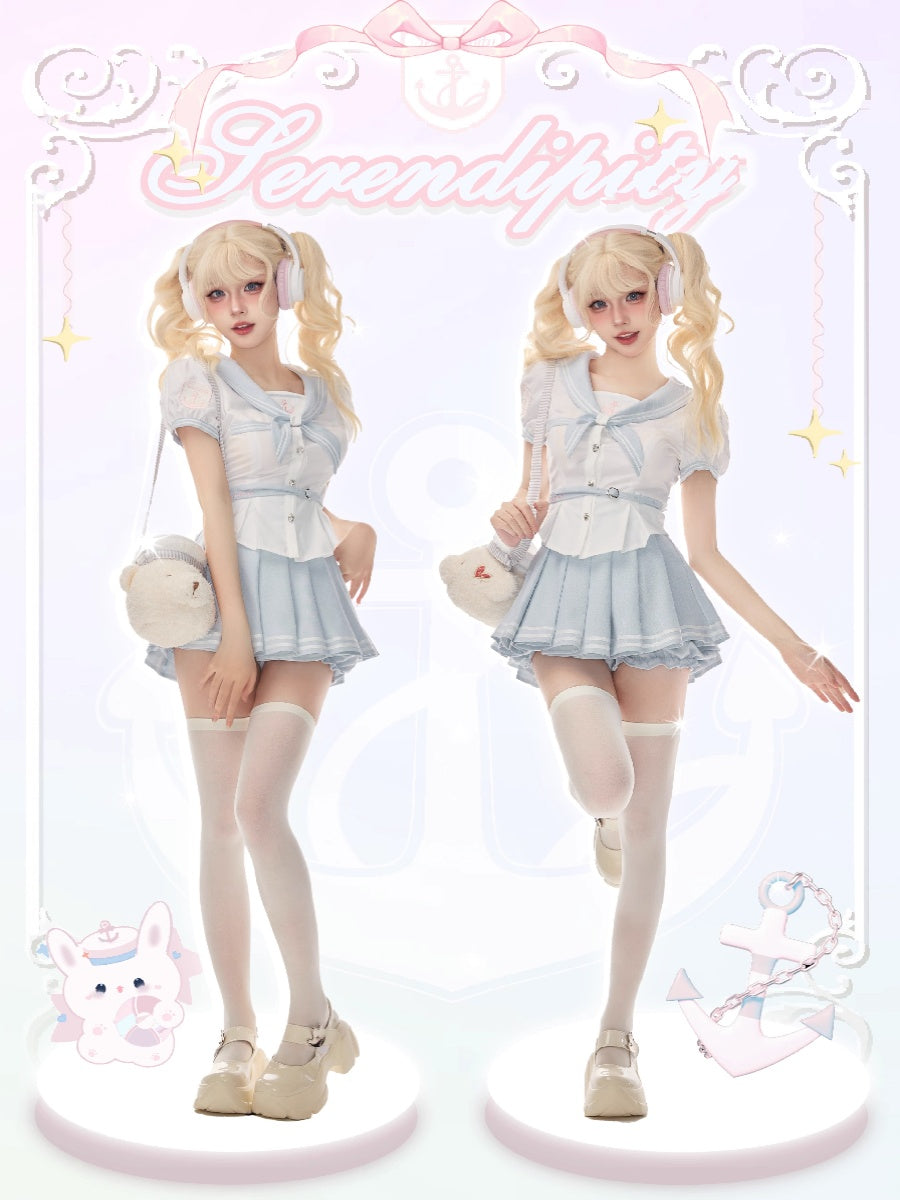 Serendipity Summer Voyager Blue Seifuku Sailor Collar Shirt Top & Skirt Two Piece Set