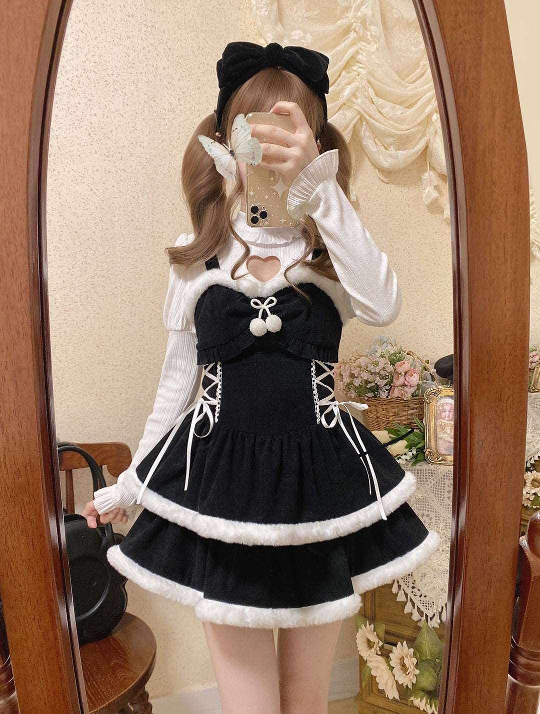 Christmas Love Lolita Winter Plush Strap Ruffled Black Dress & Skirt & Shirt Three Piece Set