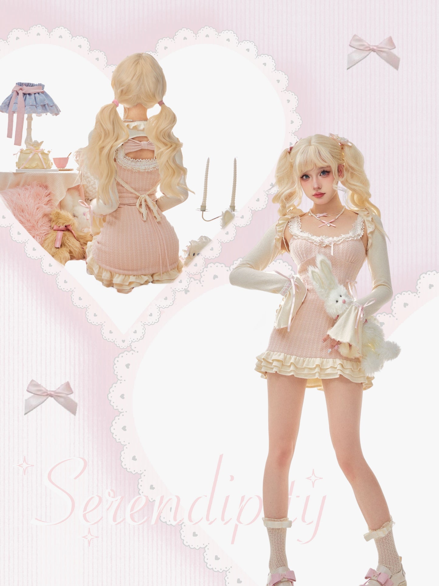 Serendipity Autumn Tea Break Pink Lace Strap Dress & Beige Cardigan Two Piece Set